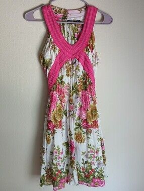 Juniors 100% Cotton Floral Pink Accent Summer Dress